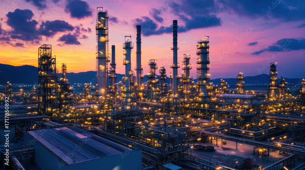 Fototapeta premium Industrial facility with bright lights under a colorful sunset sky