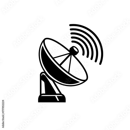 Minimalist Satellite Dish with Radiating Waves Black and White Vector