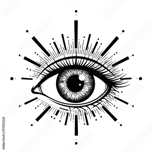 Single Eye with Radiating Geometric Rays Black and White Vector