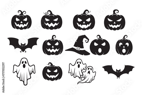 Halloween Icons: Pumpkins, Ghosts, Bats, and Witch Hat