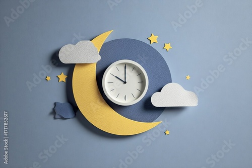 A decorative clock is set against a blue background. The clock is surrounded by a yellow crescent moon, white clouds, and small stars, creating a whimsical night scene.