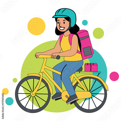 Express Delivery Service Featuring Young Woman on Bicycle with Backpack and Package