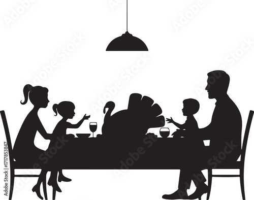 Family shares holiday meal, turkey centerpiece, happy moments