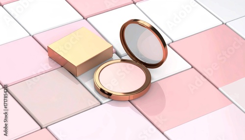 Elegant mockup of a gold compact powder with a mirror on a clean geometric surface, perfect for cosmetic product presentations, beauty branding, and skincare packaging design