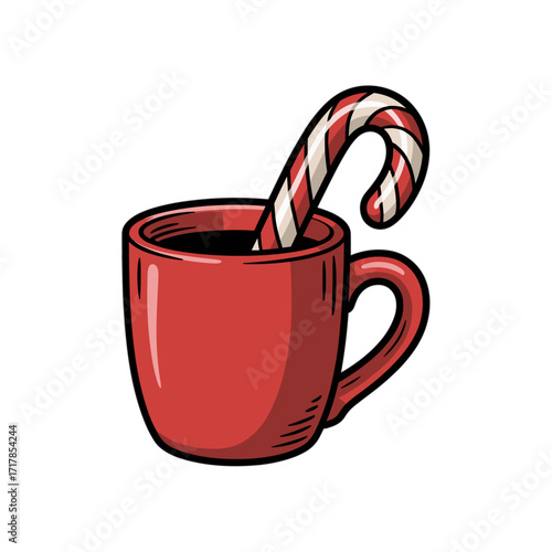 Hand-drawn illustration of a red mug filled with hot beverage and a candy cane