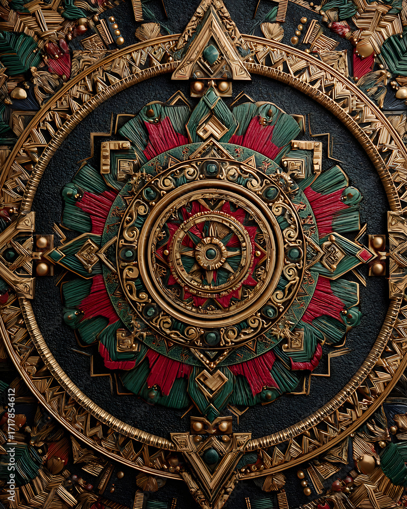 Fototapeta premium Decorative Kwanzaa inspired medallion with intricate gold, red, green, and black patterns symbolizing unity and heritage