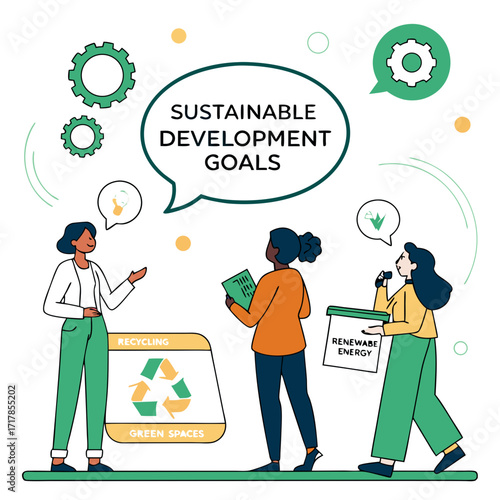 Diverse people discussing sustainable development goals and environmental solutions like recycling and renewable energy