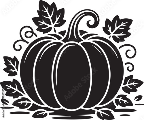 Elegant black pumpkin with autumn leaves graphic