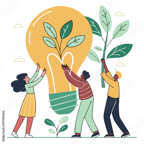 Diverse team collaborating to nurture and grow a bright idea represented by a lightbulb with plants