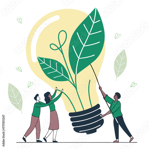 Diverse team collaborating to nurture a giant light bulb with growing green leaves symbolizing eco friendly innovation