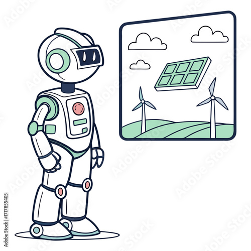 Friendly cartoon robot contemplating a digital display showing renewable energy sources like wind turbines and solar panels