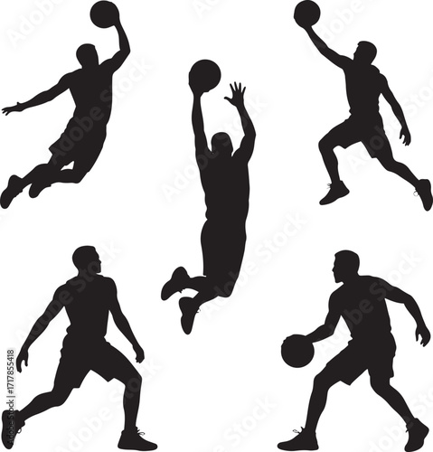 Five Black Silhouettes of Basketball Players in Action