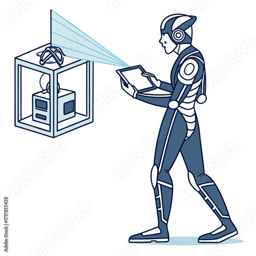 Futuristic android in a sleek suit uses a tablet to interact with a holographic projection from a device