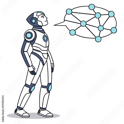 Futuristic humanoid robot contemplating a network of interconnected nodes representing artificial intelligence and thought processes