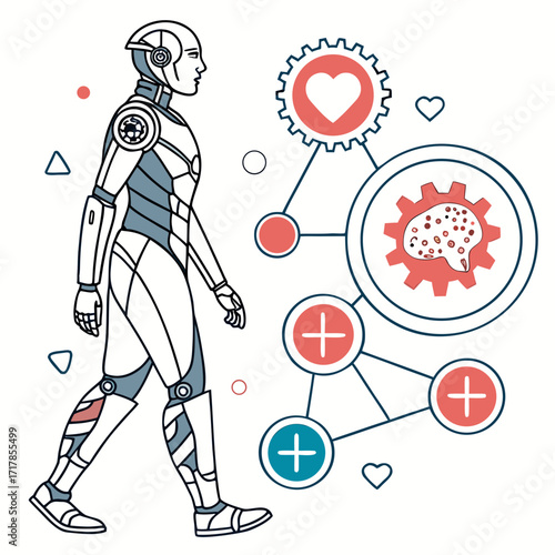 Futuristic humanoid robot walking alongside interconnected health and brain technology symbols representing medical innovation