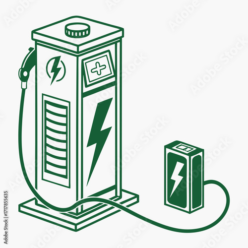 Green electric vehicle charging station with a lightning bolt symbol and a separate battery unit