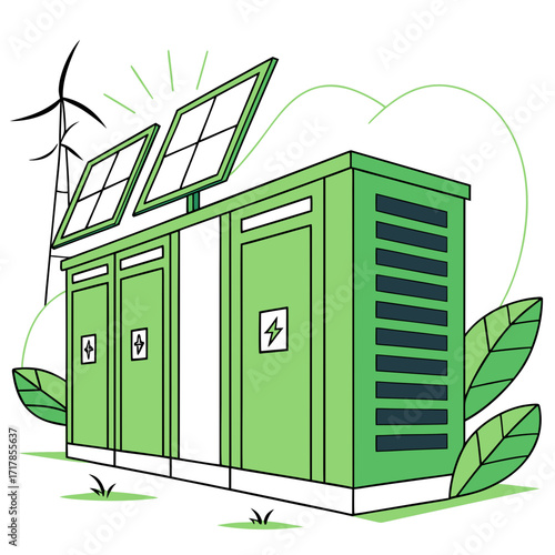 Green energy station with solar panels and wind turbine providing clean power to a modern facility