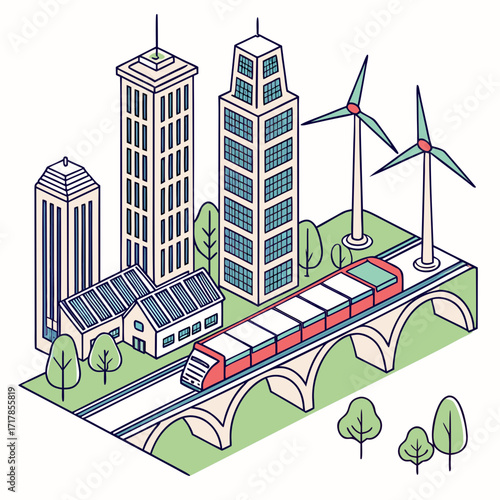 Modern city skyline with sustainable energy sources and an elevated train system