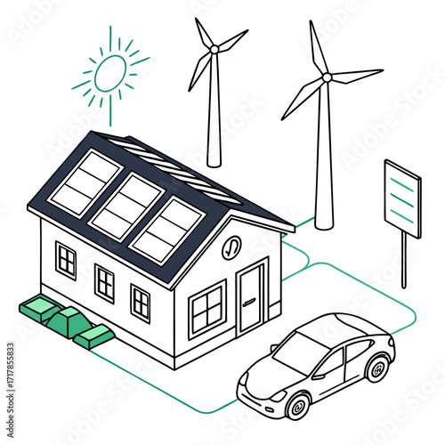 Modern eco friendly house with solar panels wind turbines and electric car charging station