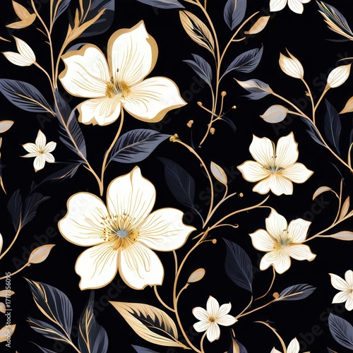 an AI Image Generator, Elegant Floral Pattern of Gold and Ivory Flowers on Black Background