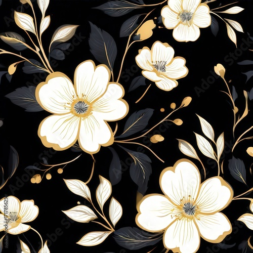 an AI Image Generator, Elegant Floral Pattern of Gold and Ivory Flowers on Black Background