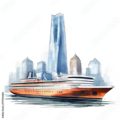 an AI Image Generator, Elegant Cruise Ship Docked in Urban Harbor