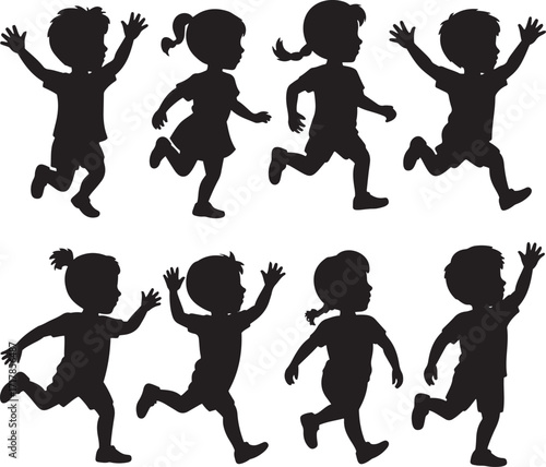 Eight black silhouettes of children running and jumping