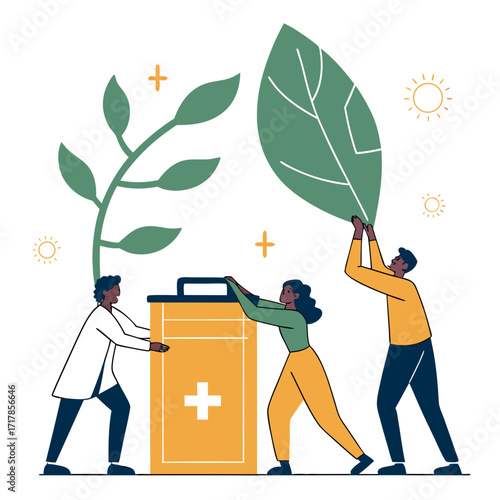 People working together to protect and nurture a large green leaf and a battery symbol representing sustainability