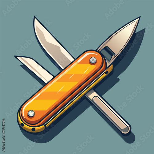 Crossed swiss army knives with orange handles on teal background