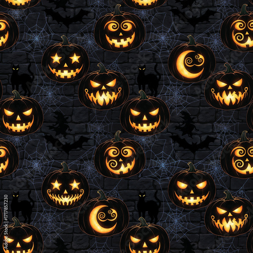 Halloween wall filled with glowing pumpkins and eerie shadows, creating a spooky festive night scene.