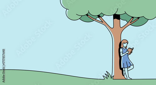 Calm Afternoon: A Girl Finding Solitude Under The Shade Of A Tree, Reading a Book