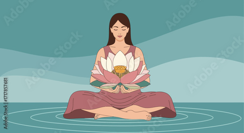 Calmness And Peace: A Meditating Woman Holding A Lotus Flower On Water