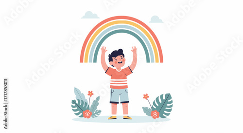 Cheerful Boy Reaching Out Joyfully Towards a Vivid and Colorful Rainbow in the Sky