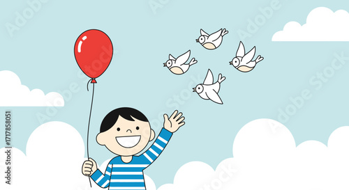 Cheerful Boy Releasing Birds And Holding Red Aerial Sphere, Vector Artwork