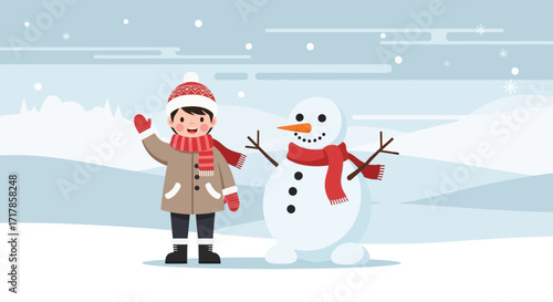 Cheerful Child And Snowman Embrace Winter's Delight In A Magical Snowy Landscape