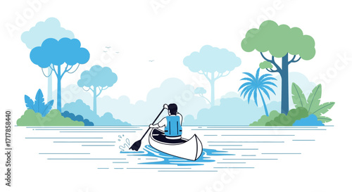Canoeing Adventure: A Solo Paddler Navigating Scenic River Through Lush Greenery