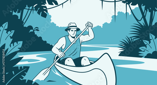 Canoeing Adventurer Explores Lush River with a Boat Through Tropical Jungle
