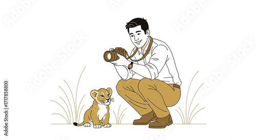 Captivating Photographer Capturing A Lion Cub, Illustrating Wildlife, Adventure and Joy