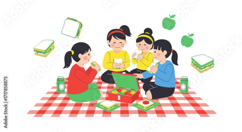 Cheerful Children Enjoying Picnic Together With Sandwiches And Fresh Apples