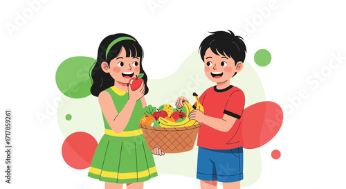 Cheerful Children Sharing Fruits Basket, Promoting Healthy Eating Habits And Well Being
