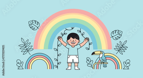 Cheerful Child's Joyful Expression Under Big, Colorful Rainbow with Tropical Floral Elements