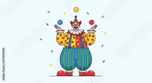 Cheerful Clown Performing Juggling Act With Colorful Spheres And Festive Confetti