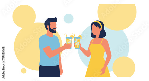 Cheerful Couple Celebrating With Refreshing Drinks During A Bright Summer Day