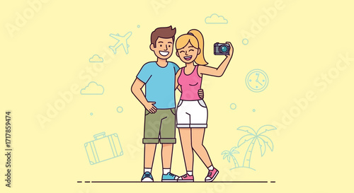 Cheerful Couple Capturing Vacation Moments with Digital Camera On Vacationing Trip