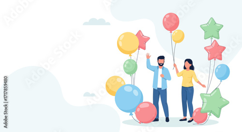 Cheerful Couple Celebrating With Festive Balloons And Joyful Expressions For A Bright Event
