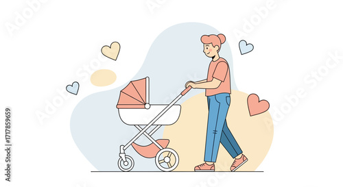 Caregiver Strolls With Newborn in Carriage, Representing Family and Moments of Parenthood