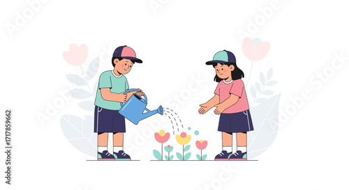 Caring Children Watering Plants: Illustrative Harmony of Growth and Nurturing Effortlessly