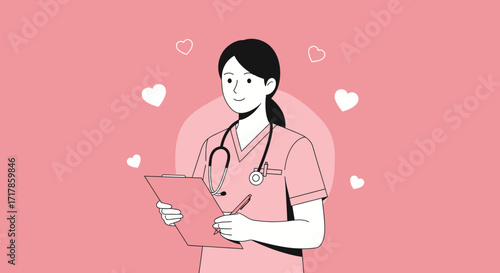Caring Healthcare Worker Holding Clipboard With Hearts Background Depicting Compassion