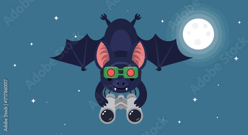 Cartoon Bat With Binoculars Observing The Night Sky Under A Full Moon