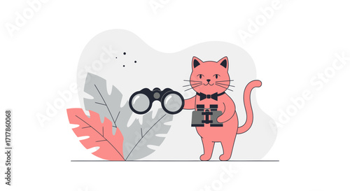 Cartoon Cat Holding Binoculars Amidst Foliage, Ready To Observe And Explore Nature